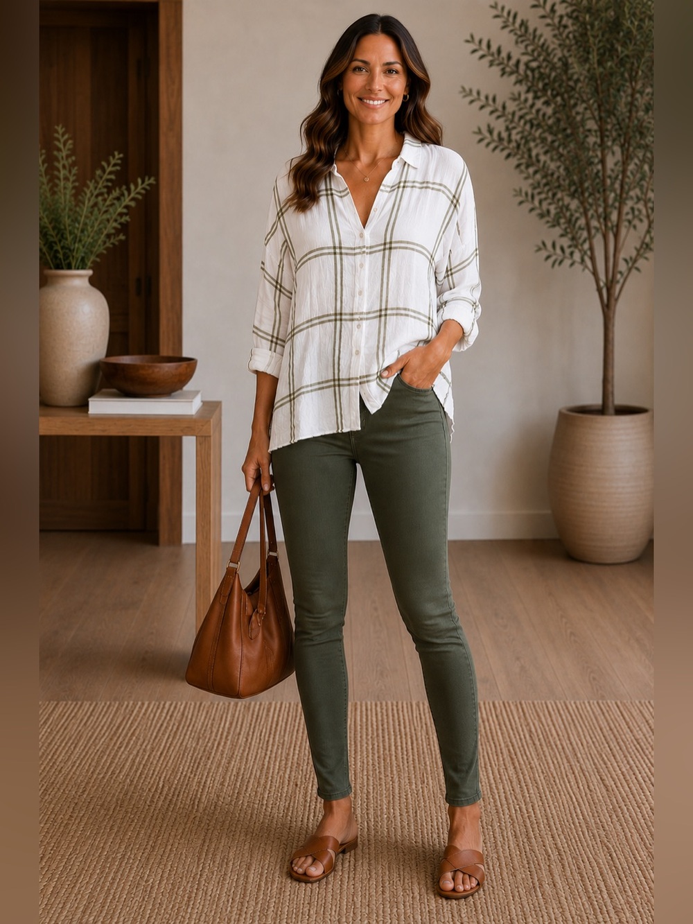 Jane and Delancey White and Green Plaid Button-Down Shirt